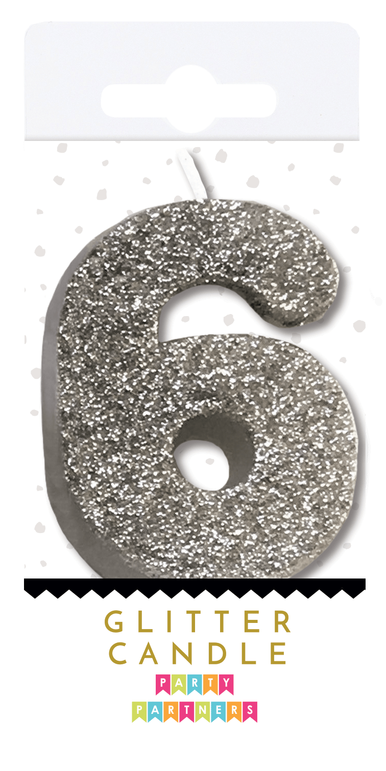 Silver Glitter Candle 3 by Party Partners, featuring a sparkling silver candle with glittery finish, suitable for festive celebrations.